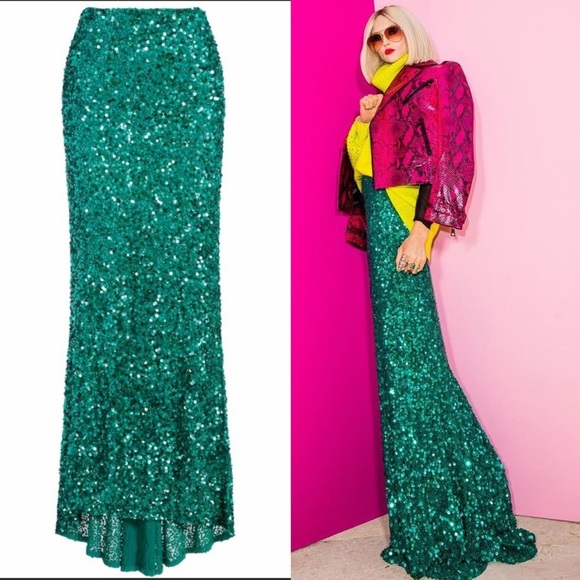 Alice + Olivia Emerald Green Sequins Mermaid Maxi Skirt - 2 - Picture 1 of 8